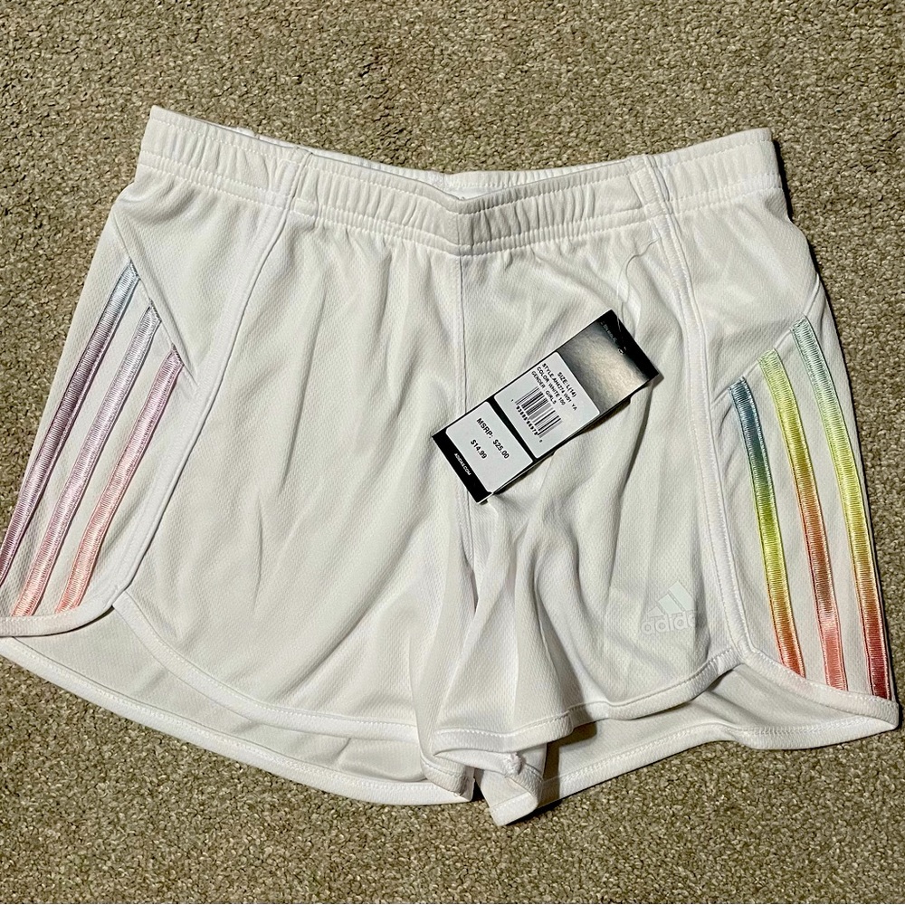 Girls NWT size L (14) adidas shorts with multicolor logo stripes